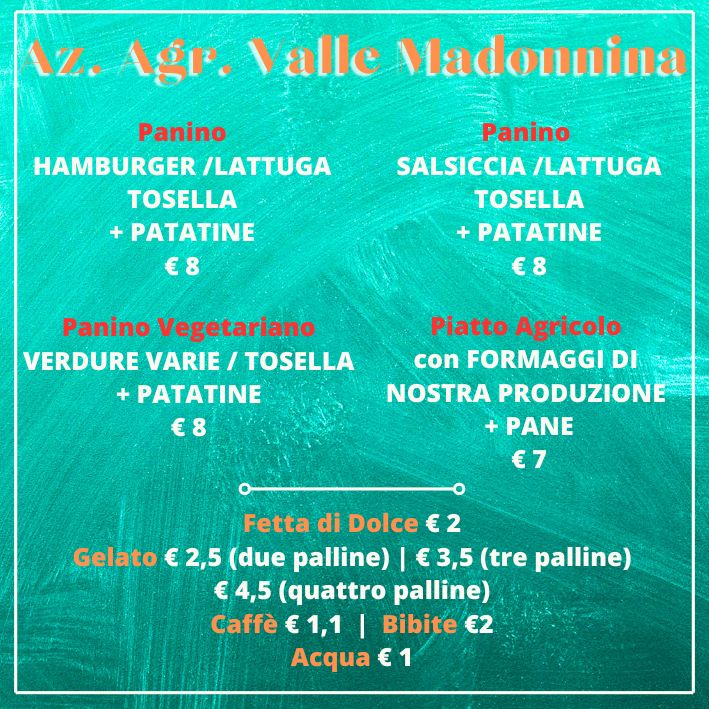 Panino HAMBURGER LATTUGA TOSELLA + PATATINE € 8 Panino SALSICCIA LATTUGA TOSELLA + PATATINE € 8 Panino Vegetariano VERDURE VARIE TOSELLA + PATATINE € 8 Piatto Agricolo con FORMAGGI DI NOSTRA PROD